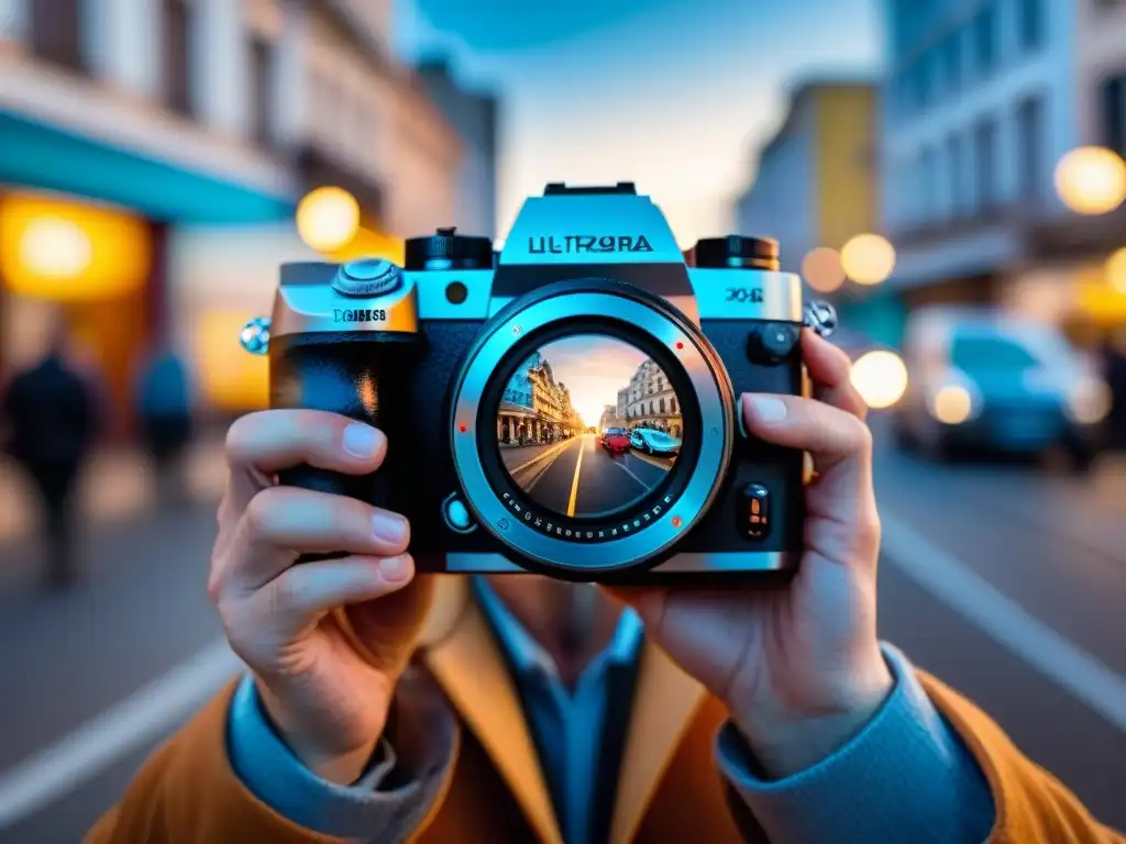 Manos de fotógrafo ajustando cámara en Montevideo, Uruguay