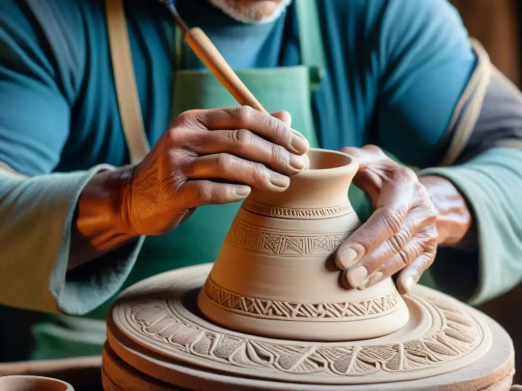 Manos hábiles moldeando cerámica uruguaya, reflejando la pasión por las artesanías tradicionales uruguayas únicas