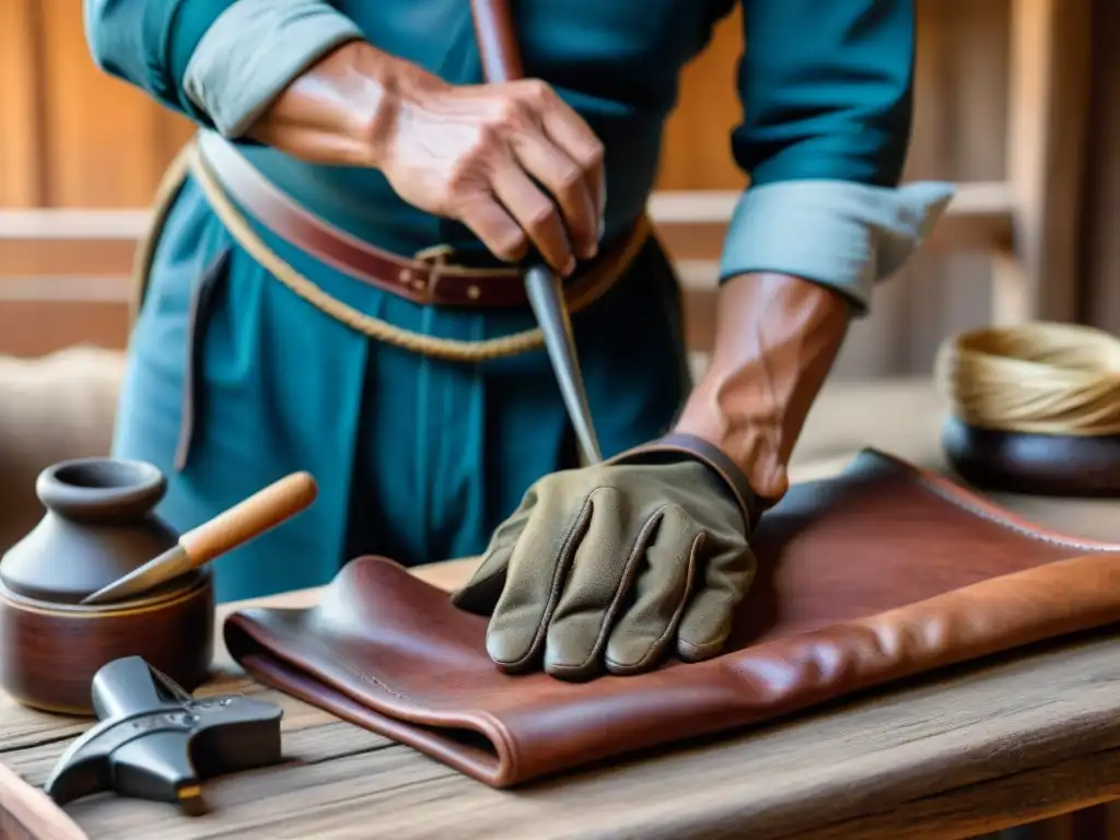 Manos hábiles del gaucho uruguayo creando arte en cuero, reflejando la tradición del gaucho en Uruguay