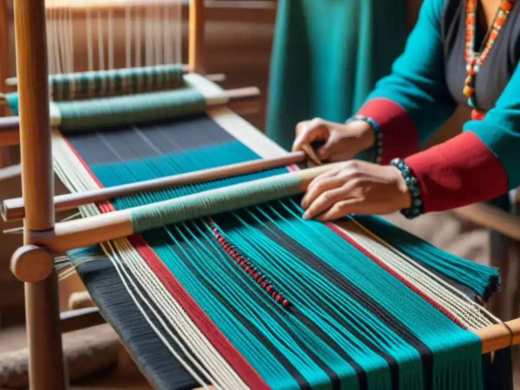 Manos hábiles tejiendo en telar Mapuche, con colores vibrantes y patrones intrincados