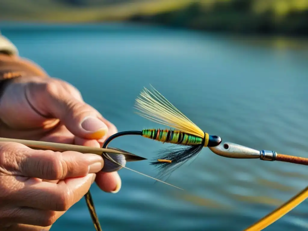 Manos hábiles crean mosca de pesca, reflejando arte y precisión en la pesca con mosca en Uruguay