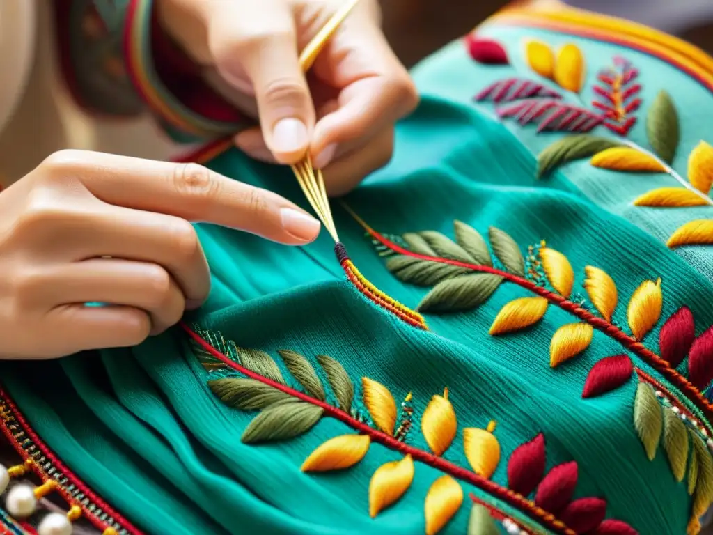 Manos hábiles bordando con técnicas tradicionales uruguayas en tela colorida