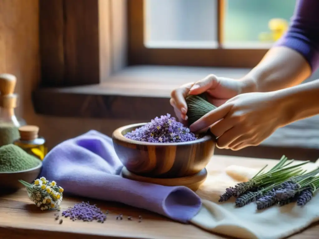 Manos mezclando ingredientes naturales en mortero de madera