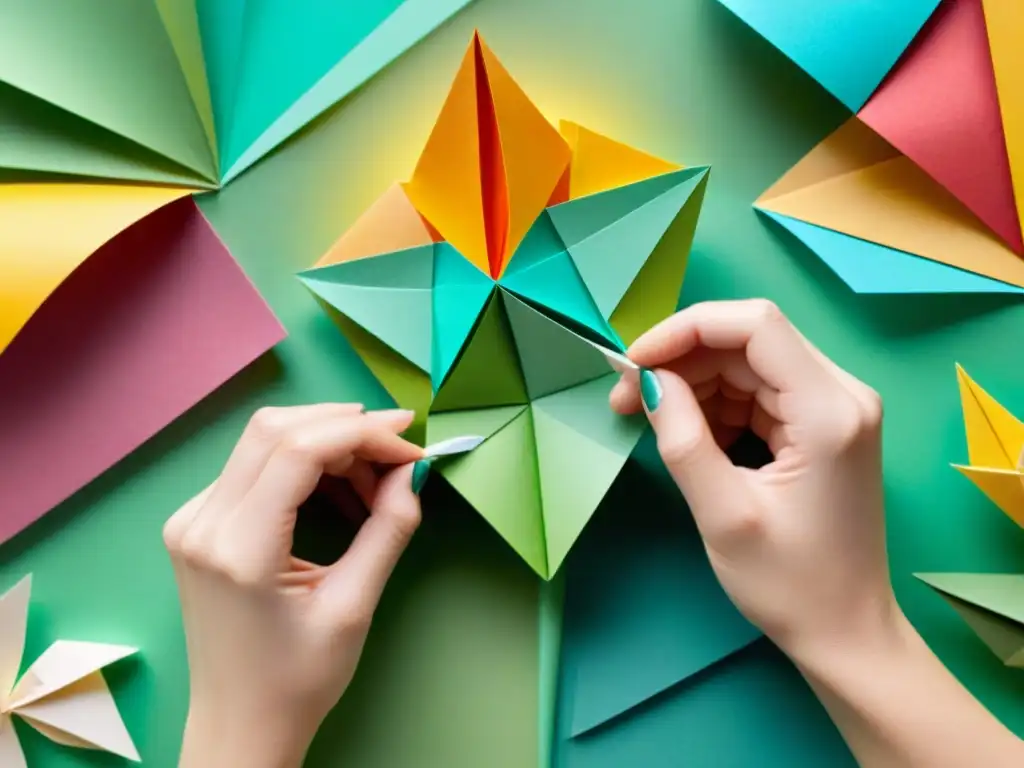 Manos creando origami con papel reciclado sostenible, ilustrando creatividad y sostenibilidad