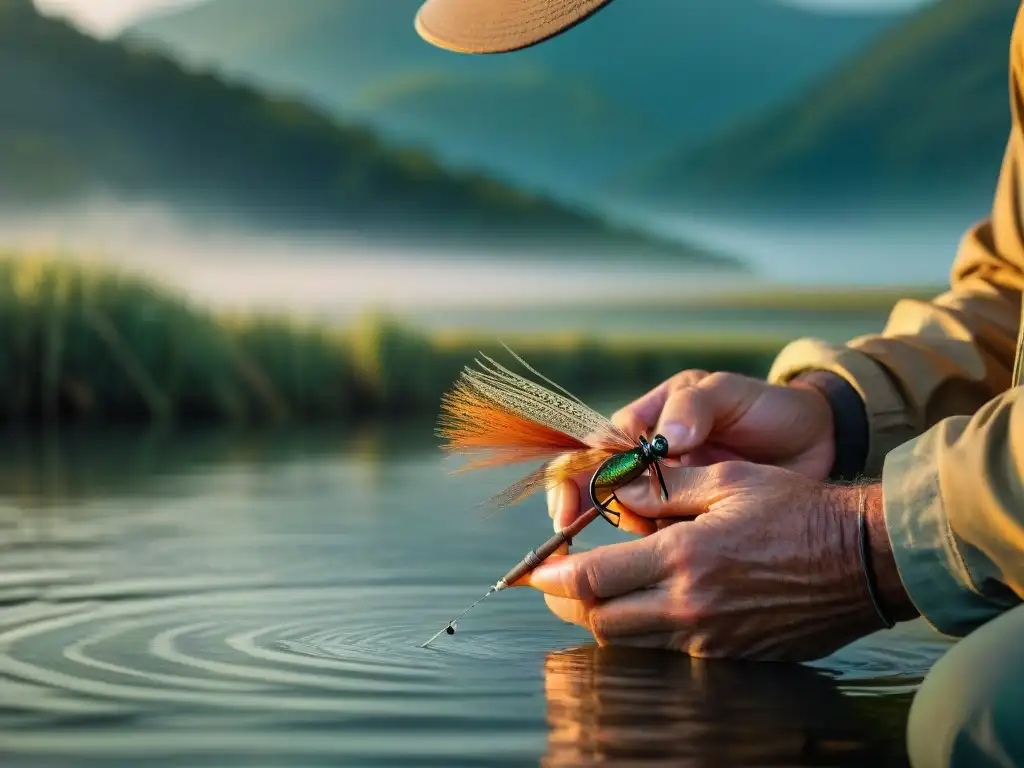 Manos de pescador experto atando mosca de pesca en lago uruguayo al amanecer