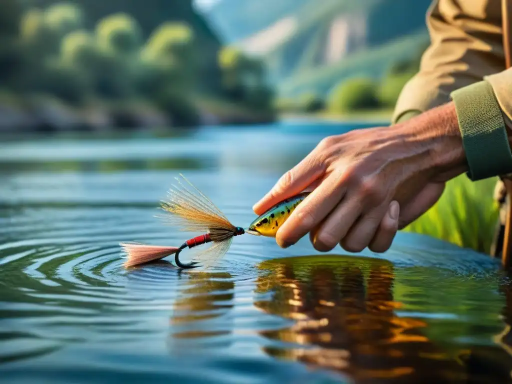 Manos de pescador atando mosca en río soleado