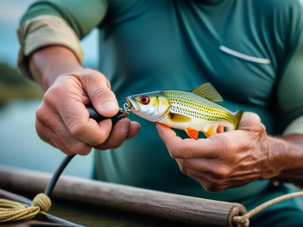 Manos de pescador uruguayo atando anzuelo, reflejando destreza y experiencia en la pesca deportiva en Uruguay sin contratiempos