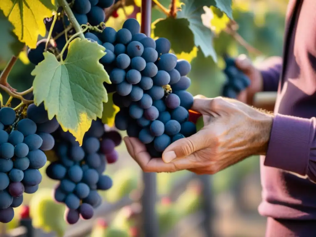 Manos de vinicultor examinando uvas Tannat bajo la cálida luz matutina en viñedo uruguayo