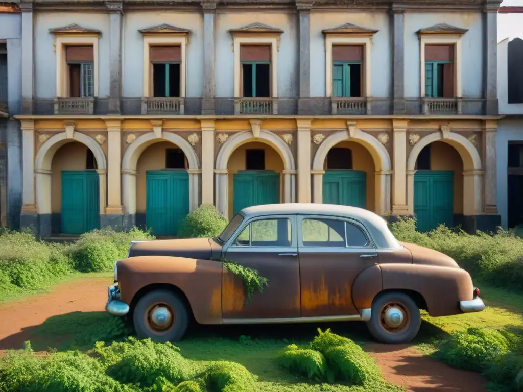 Ruinas de una mansión colonial en Uruguay: belleza decadente Fotografía de una mansión colonial abandonada en Uruguay, con detalles arquitectónicos y un coche vintage oxidado entre maleza