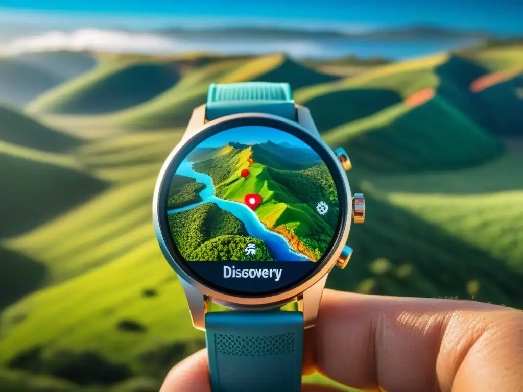 Mapa detallado de paisajes de Uruguay en un smartwatch, marcadores de navegación coloridos, cielo azul y sol brillante