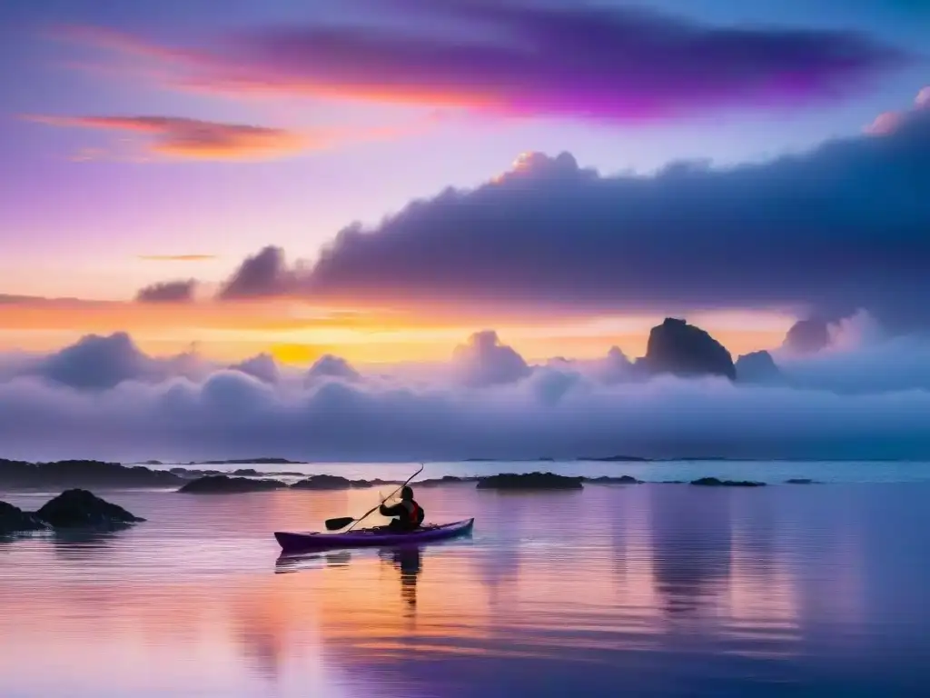 Kayak de mar en Uruguay: Un kayaker surca aguas cristalinas al atardecer, bajo un cielo de tonos naranja, rosa y morado