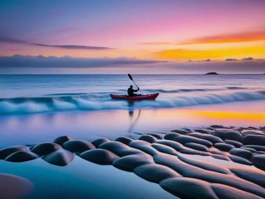 Kayaks de mar en Uruguay surcan aguas doradas al atardecer