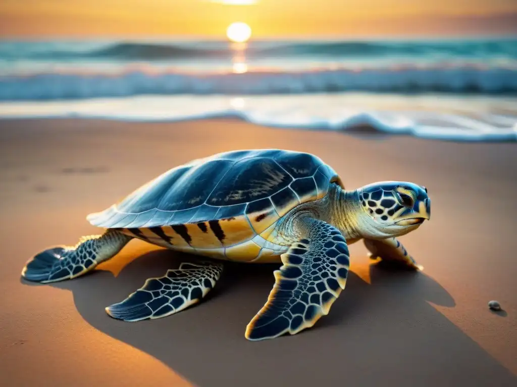 Tortuga marina regresa al mar al atardecer en la serena playa de Uruguay