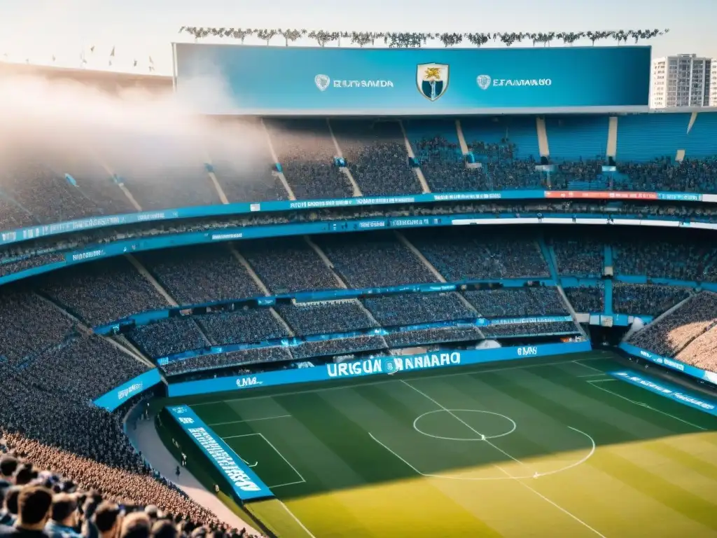 Mar de pasión por el fútbol en Uruguay: Estadio Centenario lleno de hinchas con colores y banderas en un vibrante partido