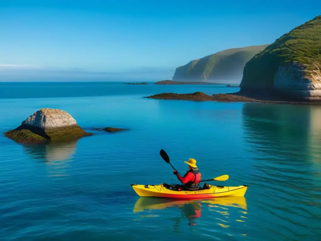 Kayak de mar en Uruguay: Grupo de kayakistas surcando aguas cristalinas cerca de la costa, bañados por la luz dorada del atardecer