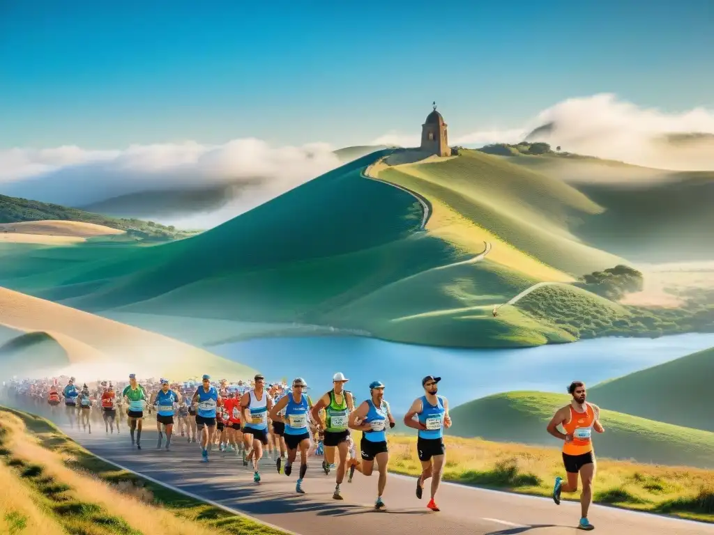 Maratones exigentes en Uruguay: Corredores desafiantes recorren paisajes pintorescos con colinas verdes y cielo azul