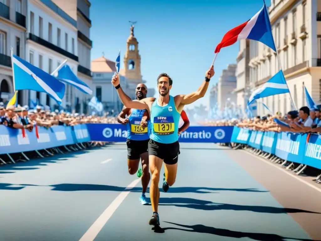 Maratones históricos Uruguay: Corredores cruzan la meta del Maratón de Montevideo, rodeados de espectadores y la icónica arquitectura de la ciudad