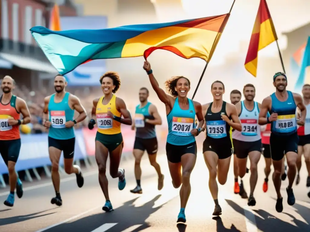 Maratones inclusivos en Uruguay: Corredores cruzando la meta juntos en un ambiente de celebración y unidad al atardecer