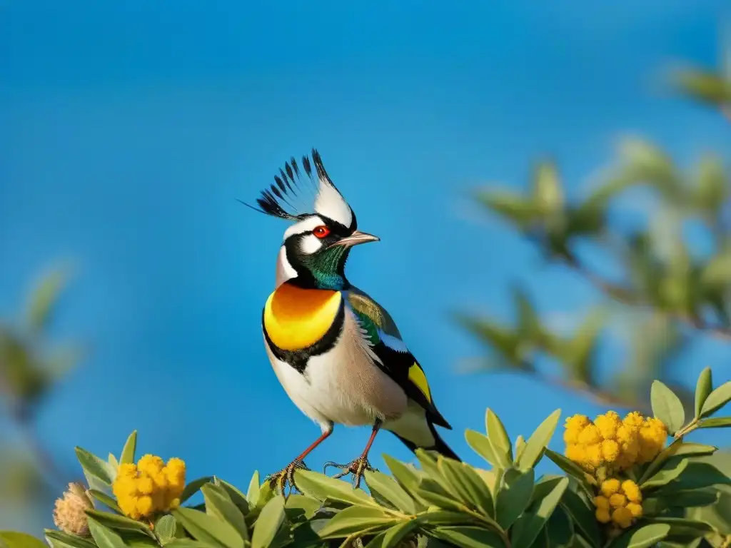 Una maravillosa variedad de aves nativas de Uruguay reposando en ramas verdes bajo un cielo azul despejado