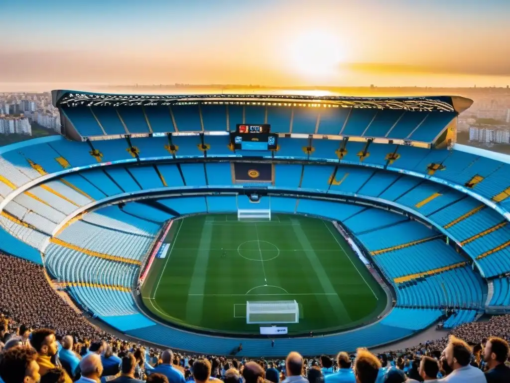 Maravillosa vista aérea del Estadio Centenario lleno de apasionados fanáticos uruguayos con los colores de sus clubes de fútbol