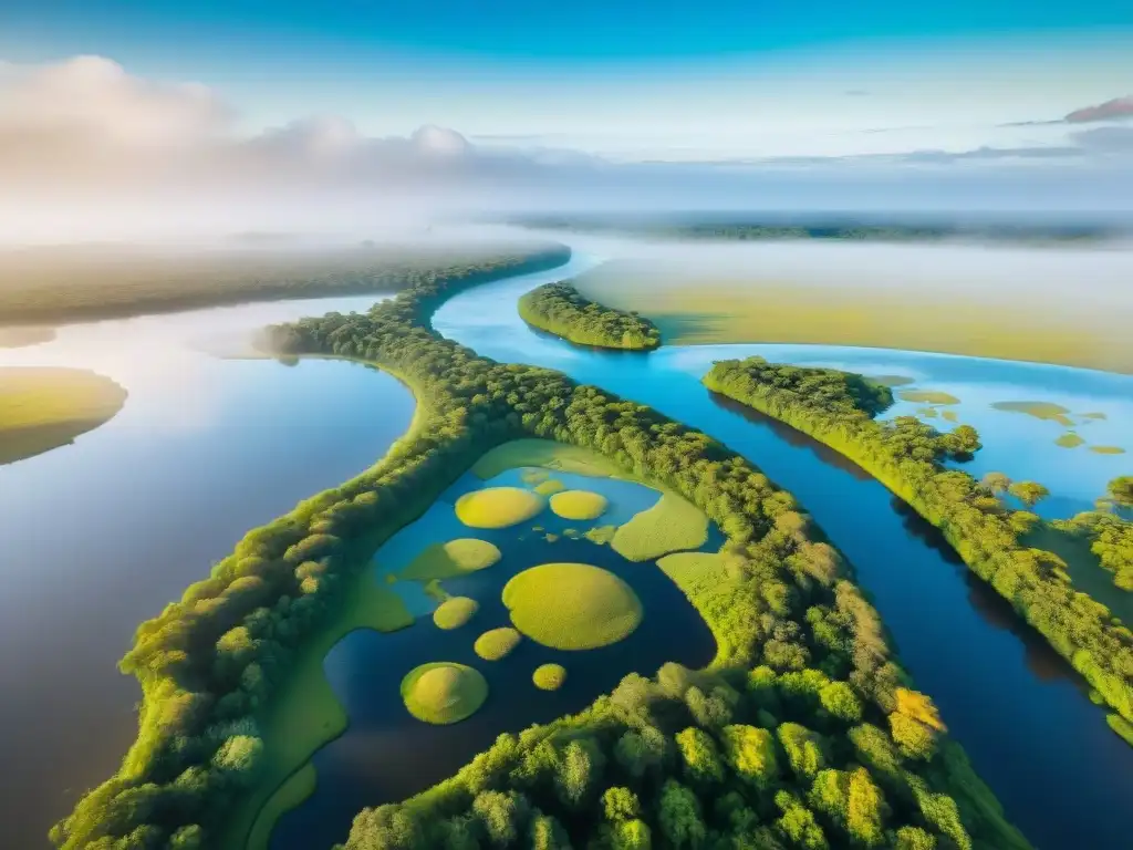 Maravillosa vista aérea de los humedales en el Parque Nacional Esteros de Farrapos en Uruguay, destacando la biodiversidad de la reserva natural