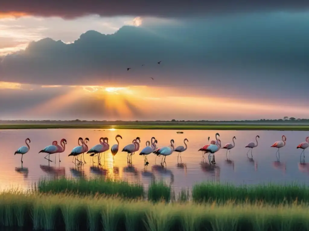 Maravilloso atardecer sobre humedales uruguayos con flamencos