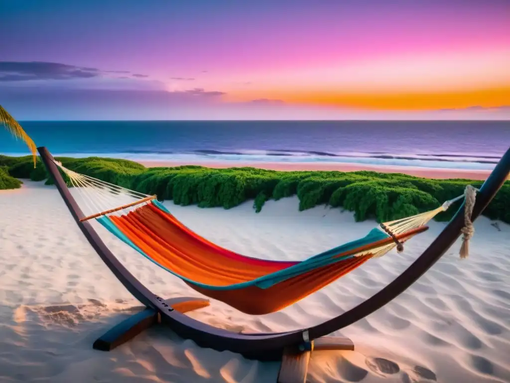 Maravilloso atardecer en una playa tranquila de Uruguay con hamaca entre palmeras