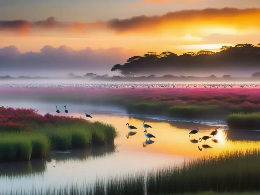 Maravilloso avistamiento de aves en humedales Uruguay con amanecer vibrante sobre Laguna Garzón