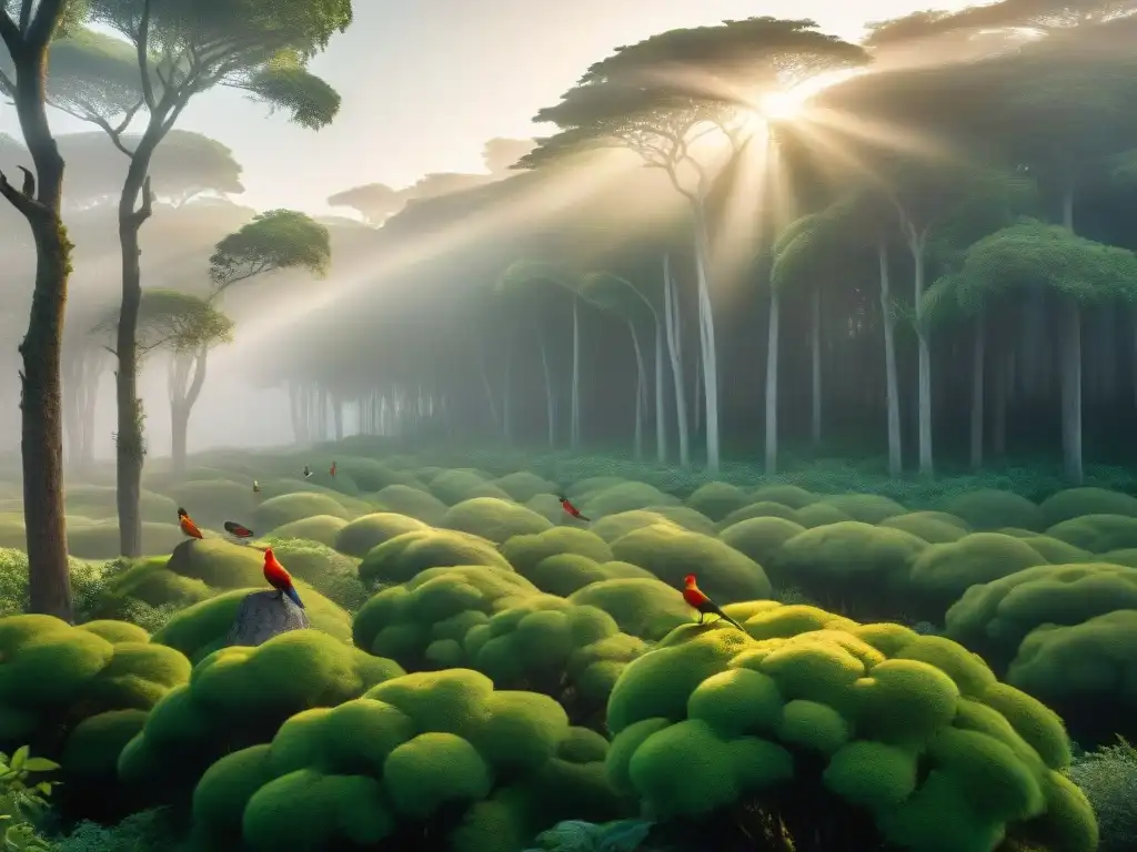 Maravilloso bosque en Uruguay con aves exóticas cantando, llenando el aire de sonidos