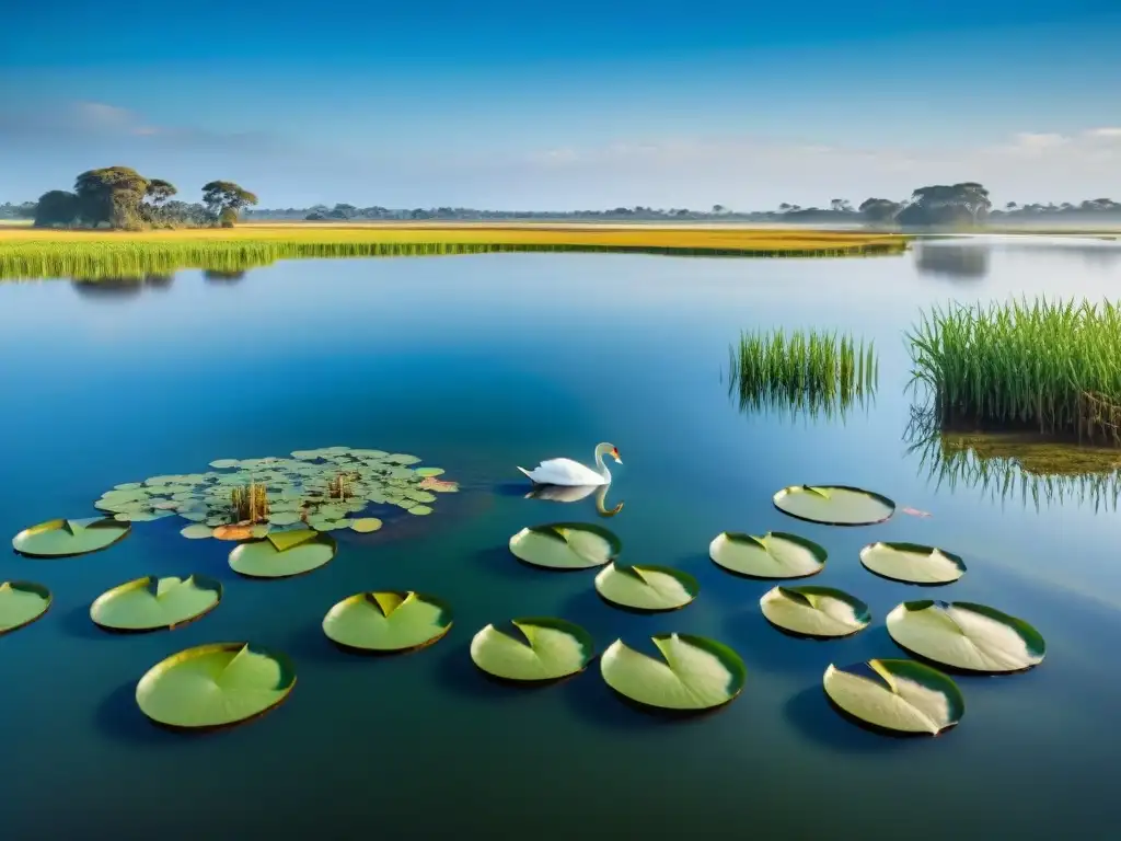 Maravilloso ecosistema de agua dulce en Uruguay: laguna cristalina, plantas acuáticas, cisnes y garza