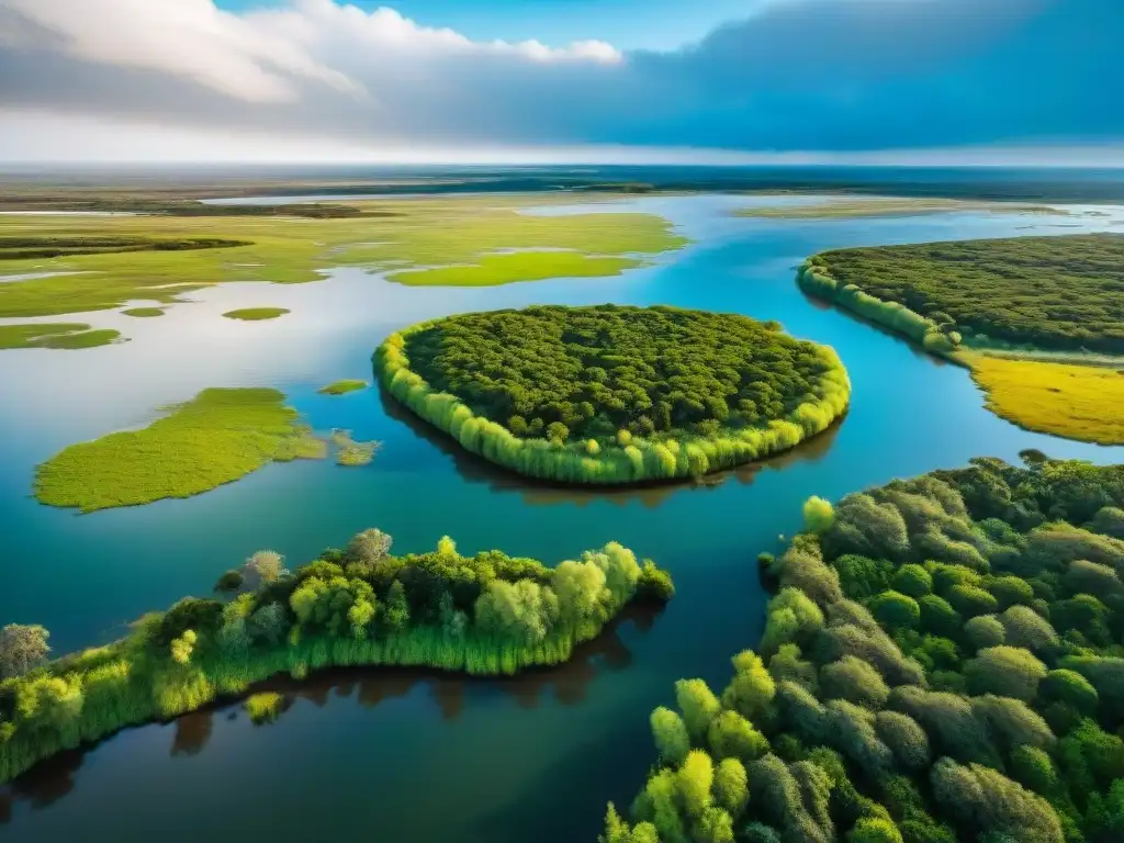 Maravilloso humedal en Uruguay, con aves dominantes en Uruguay, vegetación vibrante y río sereno bajo cielo azul