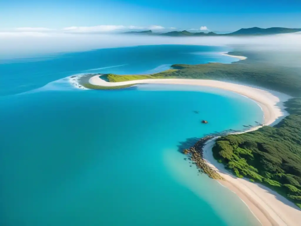 Maravilloso paisaje costero iluminado por el sol en Uruguay, con playa, aguas turquesas, bosques verdes y vida silvestre