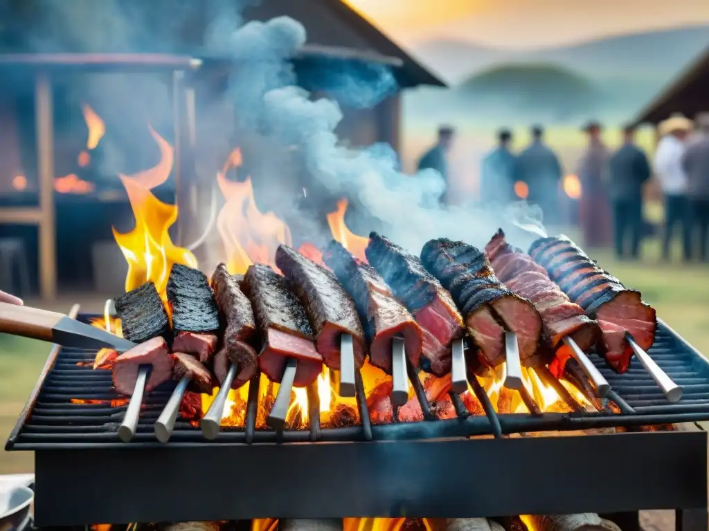 Maridaje tannat carnes cocina uruguaya: Gauchos asando un tradicional asado al aire libre al atardecer