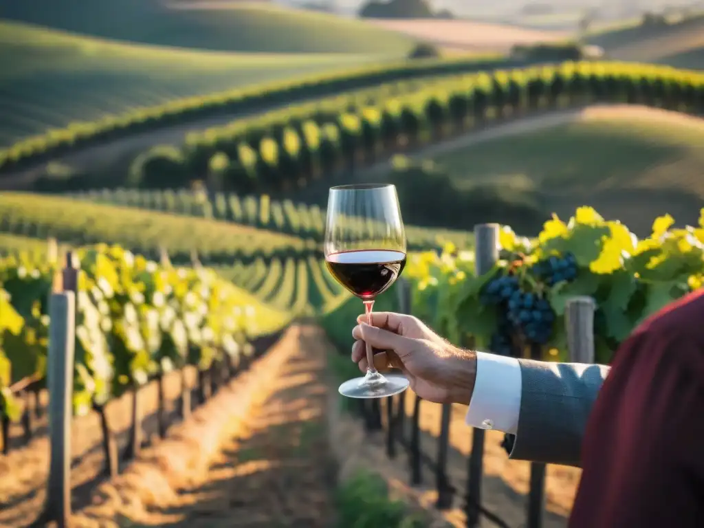 Maridaje de vinos en viñedos dorados al atardecer en Uruguay