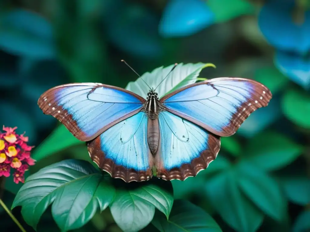 Una mariposa Blue Morpho descansa en una flor tropical en el exuberante bosque lluvioso de Uruguay