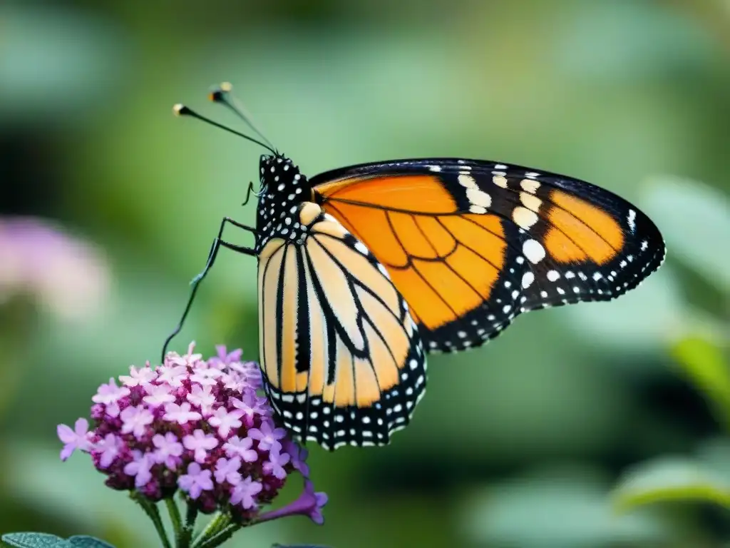 Una mariposa Monarca posada en una flor de verbena morada en un prado uruguayo