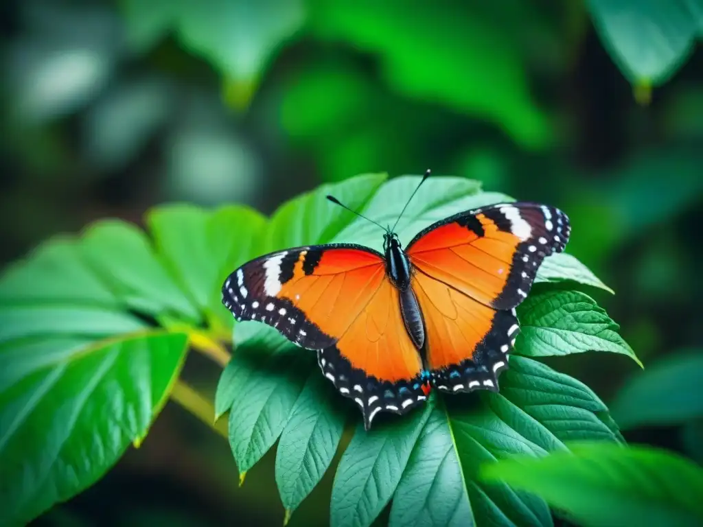 Una mariposa naranja y negra descansa en una hoja verde en un denso bosque de Uruguay