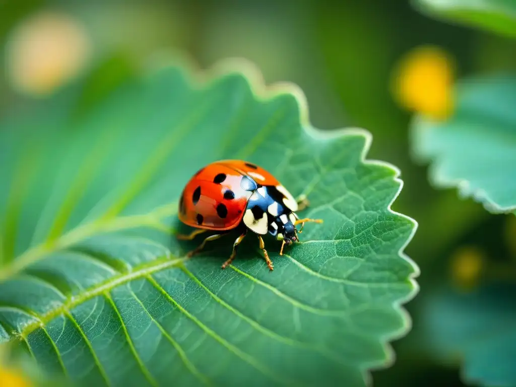 Una mariquita roja vibrante posada en una hoja verde en un jardín de Uruguay