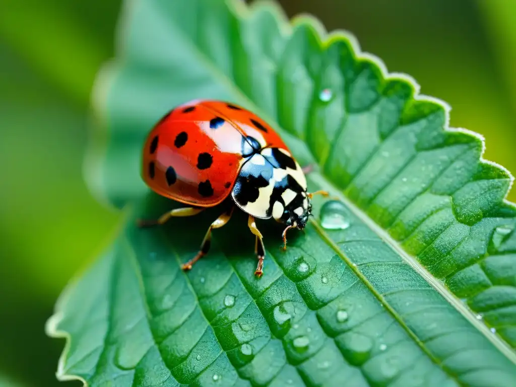 Una mariquita roja vibrante con puntos negros en un detalle macrofotográfico en un jardín de Uruguay