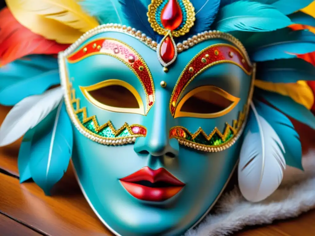 Una máscara de carnaval detallada con colores vibrantes y detalles intrincados, reflejando la importancia del Museo del Carnaval en Uruguay