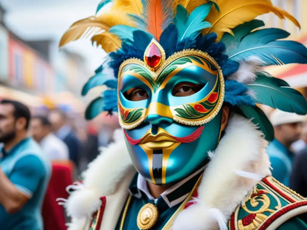 Una máscara vibrante del Carnaval uruguayo, rica en detalle y cultura, llevada por un artista en una colorida procesión