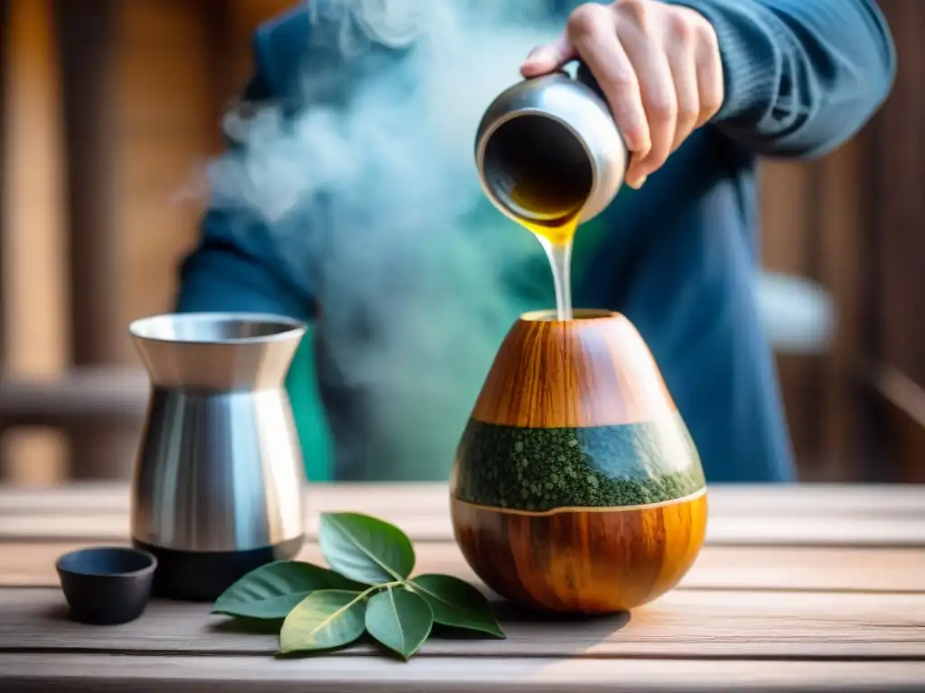 Un mate tradicional uruguayo rebosante de hojas de yerba mate, con vapor ascendente sobre una mesa rústica