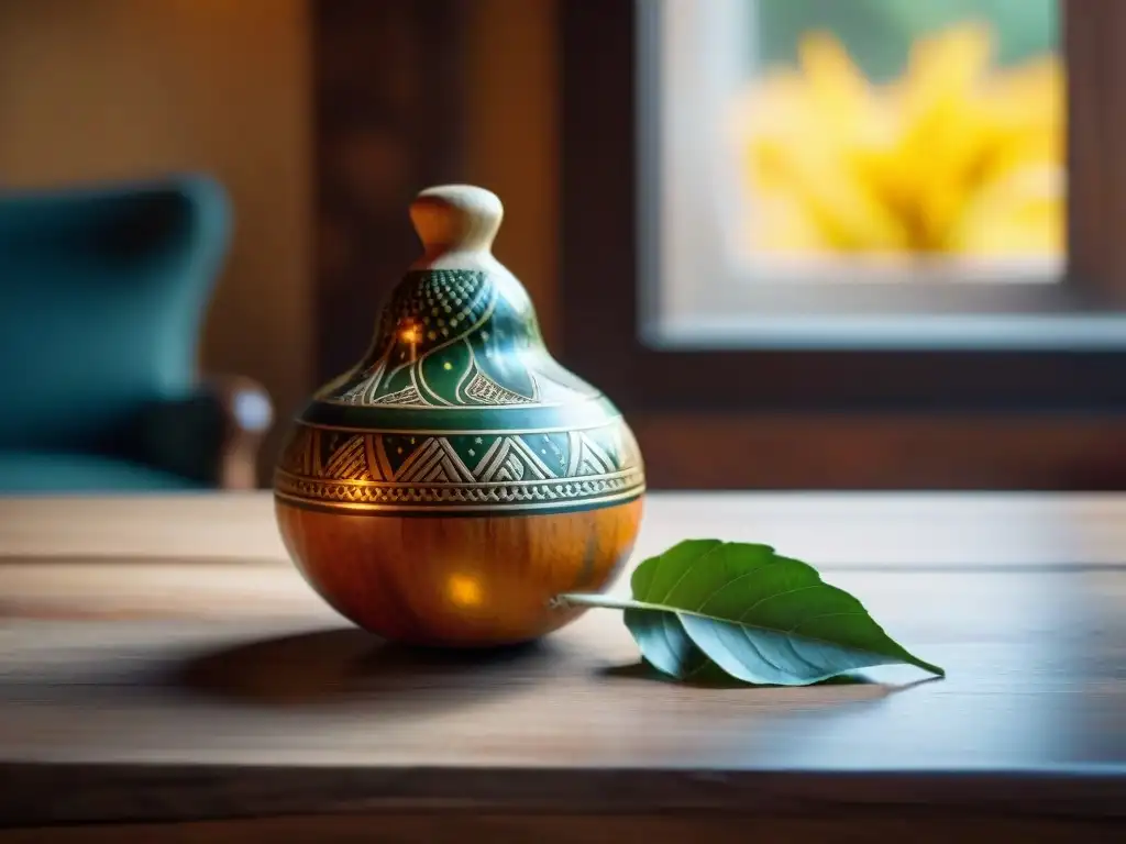 Un mate uruguayo tradicional con tallados detallados y hojas de yerba mate, bañado por la cálida luz del sol