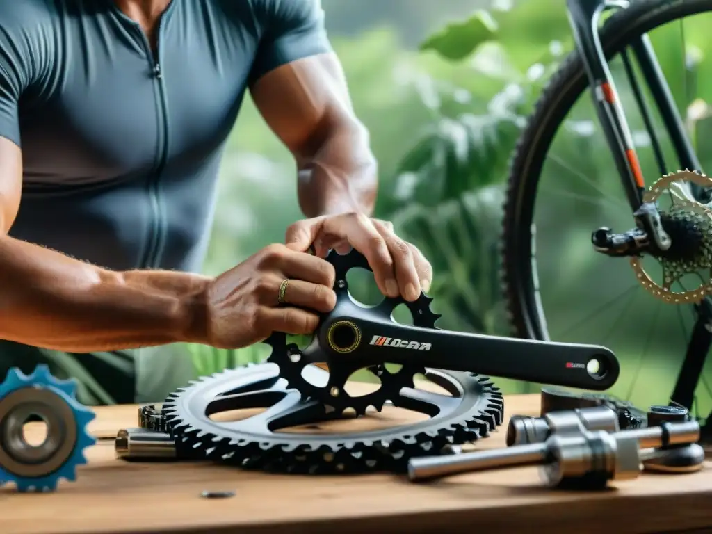 Un mecánico de bicicletas en Uruguay ajusta con destreza el desviador de una mountain bike entre herramientas y vegetación exuberante