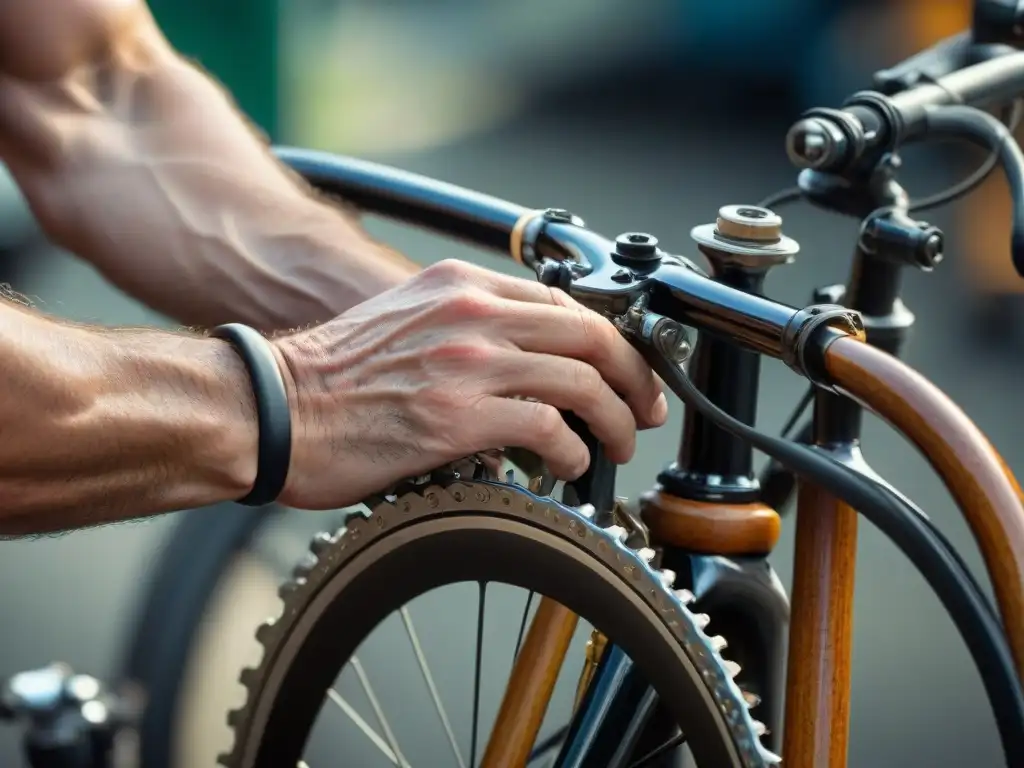 Un mecánico de bicicletas en Uruguay realiza una minuciosa reparación, mostrando habilidad y dedicación en su taller lleno de herramientas