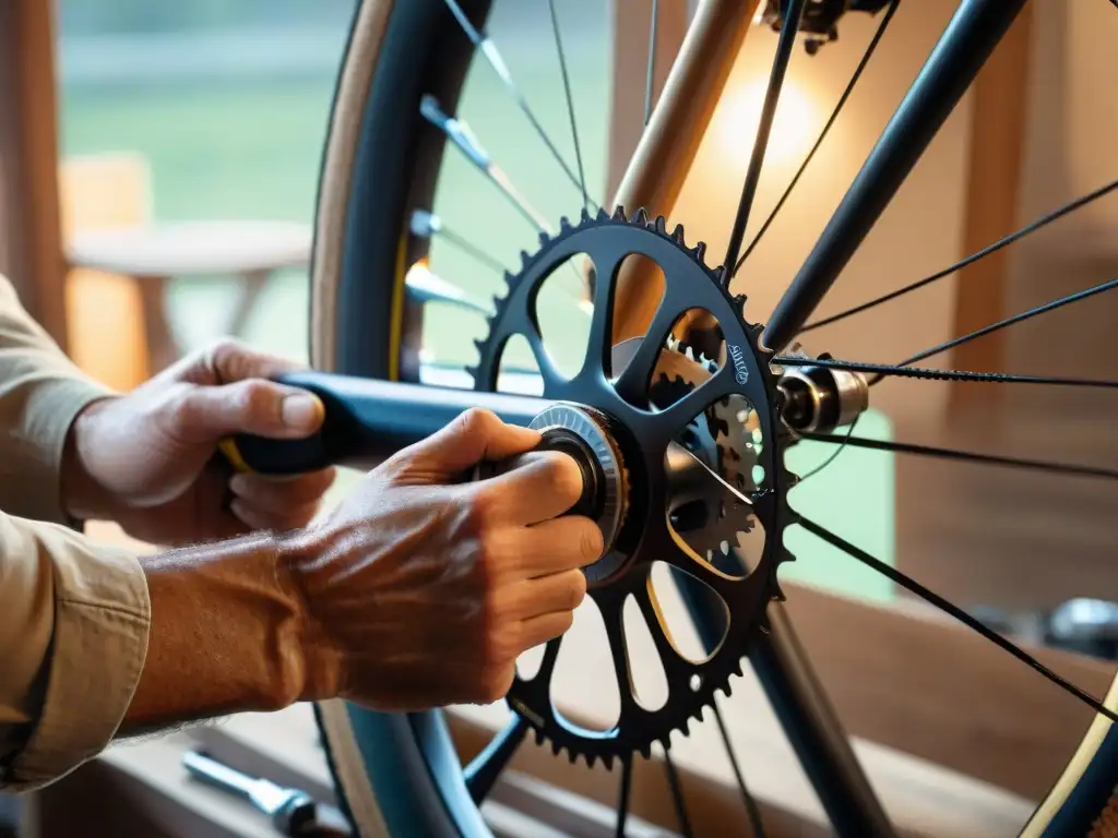 Un mecánico experto repara una bicicleta en un taller acogedor en Uruguay, mostrando precisión y dedicación