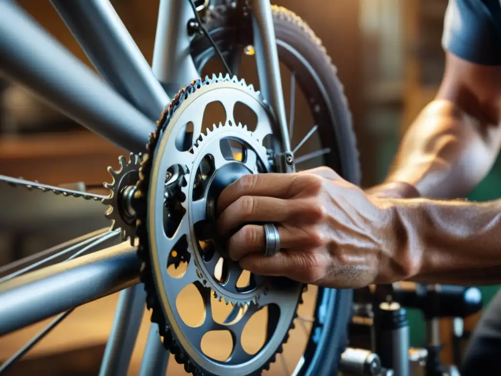 Un mecánico experto preparando una bicicleta para terrenos de Uruguay con precisión y dedicación en un taller lleno de herramientas