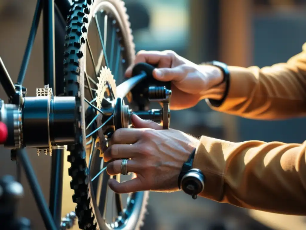 Un mecánico experto preparando con esmero la cadena de una bicicleta de montaña en un taller nostálgico