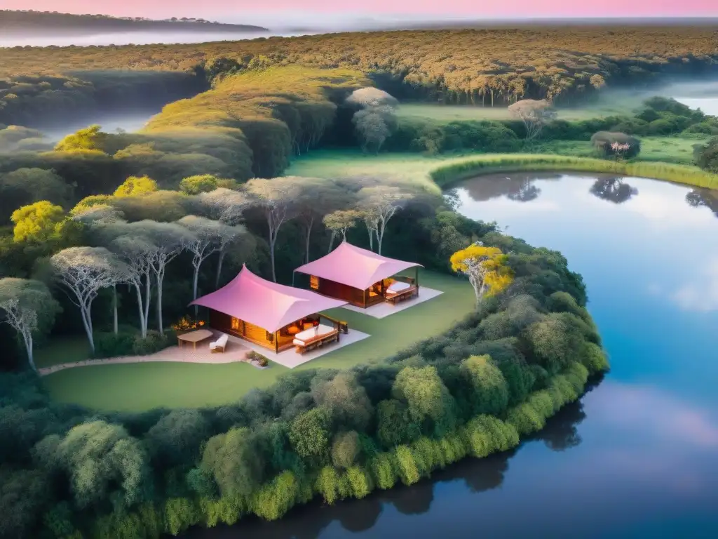 Mejor ecolodge en Uruguay: cabañas de madera rodeadas de naturaleza, río y atardecer vibrante