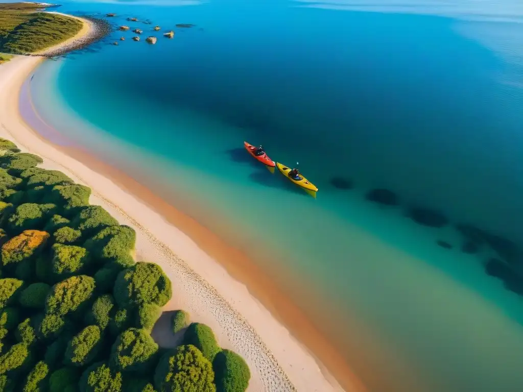 Mejores kayaks para explorar Uruguay: Vista aérea de costa serena con kayaks coloridos listos para navegar al atardecer